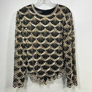 Laurence Kazar black silk top with gold and pearls size XL Scalloped Edge